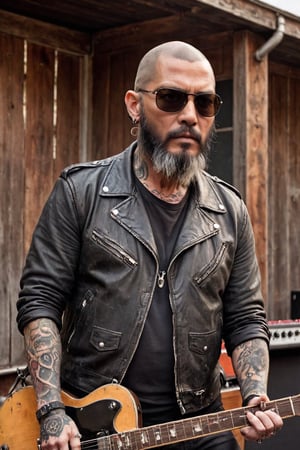 ultra Realistic photo,Tim Armstrong, real punk rock artist, middle-aged man, 50 years old,(skinhead),(head Tattoos:1.5), Ray-Ban sunglasses,very long beard,old worn-out leather jacket, black shirt, rebellious attitude, faded wooden guitar,with a beard,Extremely Realistic,Complete,perfect hand