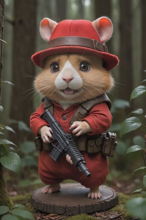 The hamster made of red body parts has a sinister face, wears a hat, and holds a machine gun, aiming at the fleeing animals. The background is a lush forest
