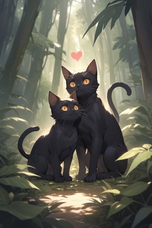 two black cats in jungle, making heart shape