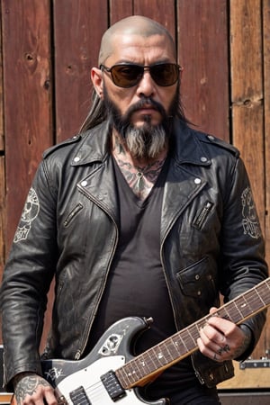 ultra Realistic photo,Tim Armstrong, real punk rock artist, middle-aged man, 50 years old,(skinhead),(head Tattoos:1.5), Ray-Ban sunglasses,very long beard,old worn-out leather jacket, black shirt, rebellious attitude, faded wooden guitar,with a beard,Extremely Realistic,Complete,perfect hand