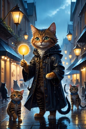 Hyper-detailed  painting, Jean-Baptiste Monge style, a gang of mascular cats gathered in the rain  under an single black long raincoat, splash, glittering, cute and adorable, filigree, lights, fluffy, magic, surreal, fantasy, digital art, ultra hd, hyper-realistic illustration, vivid colors,  UHD, cinematic perfect light,greg rutkowski, magic stick in hand, performing magic