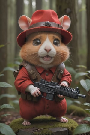 The hamster made of red body parts has a sinister face, wears a hat, and holds a machine gun, aiming at the fleeing animals. The background is a lush forest
