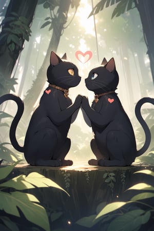 two black cats in jungle, making heart shape
