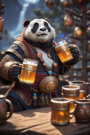 world of warcraft pandaren juggling beer mugs, shallow depth of field