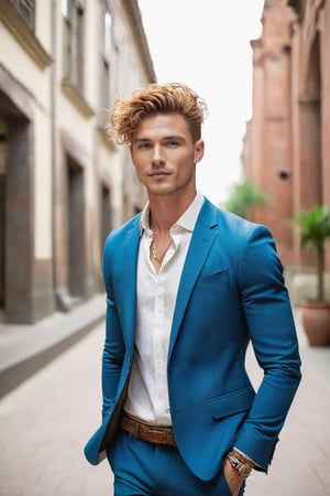 ((European male)), young, ((25 years old)), ((high school boy)), handsome, ((wave hair)), blue eyes, ((jawline)), ((freckle whole body)), ((showing upper body)), open upper chest, bohemian clothes style, bohemian jewelry, full body. on walking in the company building , suit, not looking towrods cemara