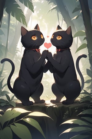 two black cats in jungle, making heart shape