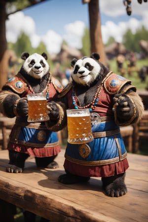 world of warcraft pandaren juggling beer mugs, shallow depth of field