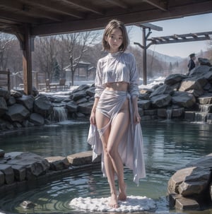 3 girl, high school girl, graduation trip, hot spring trip, hot spring inn, open-air hot spring, soaking in the open-air hot spring, fine snow, hot spring heat presents contrast, everyone has a comfortable expression ,(full body:1.5),PatiTonin