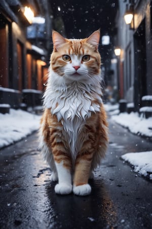 (best quality,8K,highres,masterpiece), ultra-detailed, a cat on the black snow street