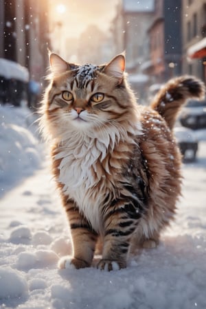 (best quality,8K,highres,masterpiece), ultra-detailed, a cat on the snow street