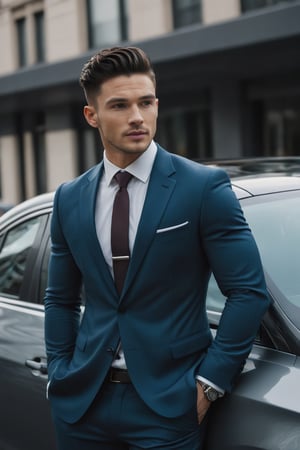 hyper-realistic photo, handsome fit muscles young man in suit wear, photo on nikon Z7 on the car, wave dark hair, cozy bright car, film grain, f1. 8, city paradise,Extremely Realistic, in different poses, on the road to office