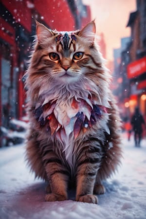 (best quality,8K,highres,masterpiece), ultra-detailed, a cat on the red snow street