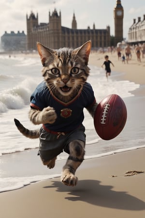 fury cat lord insanely running after stealing the football from a daddy mouse at the beach of london, cinematic