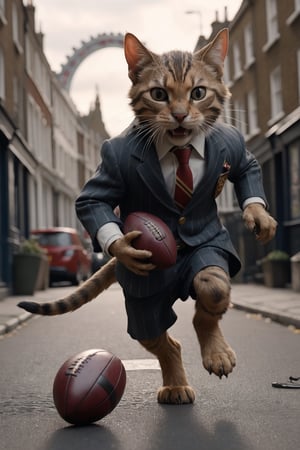 fury cat lord insanely running after stealing the football from a daddy mouse at the street of london, cinematic