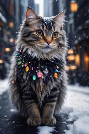 (best quality,8K,highres,masterpiece), ultra-detailed, a cat on the black snow street