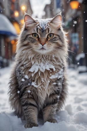 (best quality,8K,highres,masterpiece), ultra-detailed, a cat on the snow street