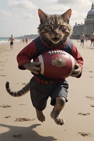 fury cat lord insanely running after stealing the football from a daddy mouse at the beach of london, cinematic