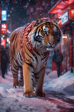 (best quality,8K,highres,masterpiece), ultra-detailed, a tiger on the red snow street