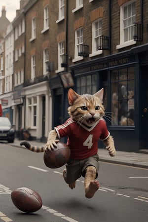 fury cat lord insanely running after stealing the football from a daddy mouse at the street of london, cinematic