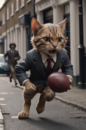 fury cat lord insanely running after stealing the football from a daddy mouse at the street of london, cinematic