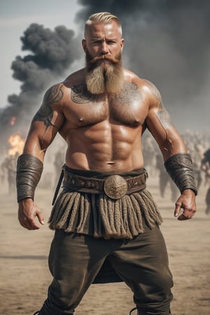 a close-up of a person with a beard, man of war, wide shot, full body, large and structured battlefield valhalla, trending on pinterest, an angry muscular army general, trending on cgtalk, bestial, tattoos, the character is standing , blonde beard, he is about 60 years old, discord moderator, monk, braavos, strongly downvoted, surrender