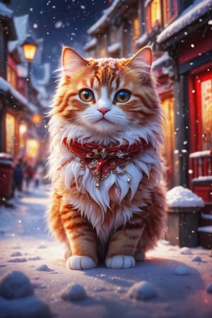 (best quality,8K,highres,masterpiece), ultra-detailed, a cat on the red royal snow street,more detail XL,chibi