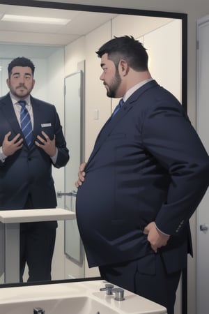 A middle aged potbellied man wearing a blue business suit looking at himself in the mirror while rubbing his big belly, three piece suit, round belly, plump belly, big fat belly, chubby belly, weight gain, hands grabbing belly, mirror, 3/4_view, reflection, bathroom, modern office environment, anime_screencap