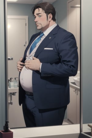 A middle aged potbellied man wearing a blue business suit looking at himself in the mirror while rubbing his big belly, three piece suit, round belly, plump belly, hands grabbing belly, mirror, side view, reflection, bathroom, modern office environment, anime_screencap