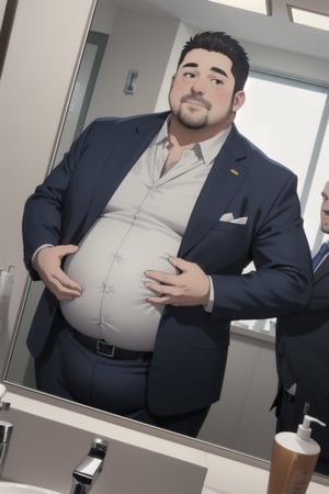 A middle aged potbellied man wearing a blue business suit looking at himself in the mirror while rubbing his big belly, three piece suit, round belly, plump belly, big fat belly, chubby belly, weight gain, hands grabbing belly, mirror, dutch_angle , reflection, bathroom, modern office environment, anime_screencap