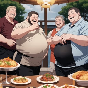 A group of potbellied middle aged men enjoying dinner together weather tight business suits and rubbing their big round bellies, anime_screencap, big_bellies, bloated_belly, large_stomach, tight_clothing, dinning_room, feast, laughter, male_weight_gain, 3_men