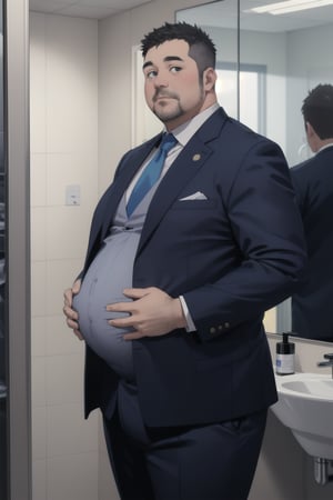 A middle aged potbellied man wearing a blue business suit looking at himself in the mirror while rubbing his big belly, three piece suit, round belly, plump belly, big fat belly, chubby belly, weight gain, hands grabbing belly, mirror, 3/4_view, reflection, bathroom, modern office environment, anime_screencap