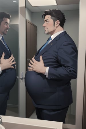 A middle aged potbellied man wearing a blue business suit looking at himself in the mirror while rubbing his big belly, round belly, plump belly, hands grabbing belly, mirror, side view, reflection, bathroom, modern office environment, anime_screencap