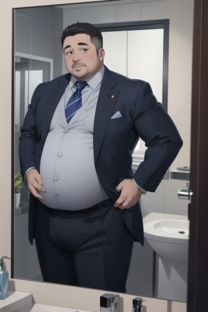 A middle aged potbellied man wearing a blue business suit looking at himself in the mirror while rubbing his big belly, three piece suit, round belly, plump belly, big fat belly, chubby belly, weight gain, hands grabbing belly, mirror, 3/4_view, reflection, bathroom, modern office environment, anime_screencap