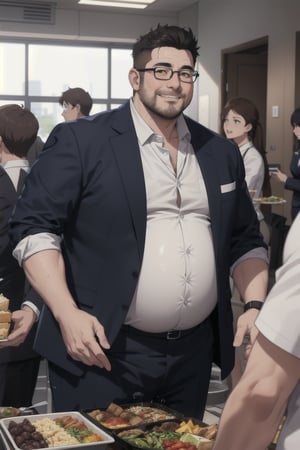 A middle aged potbellied man wearing a blue business suit walking through the lunch hall while rubbing his big belly, three piece suit, round belly, plump belly, big fat belly, chubby belly, chubby face, chubby cheeks, light beard, glasses, weight gain, hand on belly, sweat, water droplets, mirror, dutch_angle , smirk, food, feast, buffet, cafeteria, mess hall, multiple people, crowd of people, party, modern office environment, anime_screencap