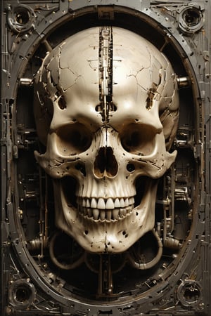 symmetrical and frontal portrait of a skull, front and semi-symmetrical, Focus on a human skull, A portrait of a skull, moebius style illustration, human skull as a trophy hanging on a wall, aesthetic, score_9, score_8_up, score_7_up, lPortrait, Only part of the skull, A biomechanical human skull in the style of H.R. Giger, skull attached to cyberpunk biomechanical machine, skull embedded in a biomechanical machine, suspended and welded to a biomechanical wall, characteristic of H.R. Giger, its shape is a hypnotic fusion of a biomechanical human skull of a human being in the style of H.R. giger, an ominously intricate machine, parts of the crane subtly morph into cold yet complex metallic contours, dark environment with fog, Human skull subtly attached and fused to the biomechanical environment, biomechanical pipes, water vapor and fog surround her, horror atmosphere, slimy slime drips from her body, alien style 1979

legendofnerd style, simple BREAK background, diagonal abstract structure on the background. add text as artist signature "Drauka"

color pencil, sketch, painting, paper texture, art_solyanka, SKP-highly detailed, SamYoung_Illustration