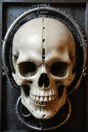 symmetrical and frontal portrait of a skull, front and semi-symmetrical, Focus on a human skull, A portrait of a skull, moebius style illustration, human skull as a trophy hanging on a wall, aesthetic, score_9, score_8_up, score_7_up, lPortrait, Only part of the skull, A biomechanical human skull in the style of H.R. Giger, skull attached to cyberpunk biomechanical machine, skull embedded in a biomechanical machine, suspended and welded to a biomechanical wall, characteristic of H.R. Giger, its shape is a hypnotic fusion of a biomechanical human skull of a human being in the style of H.R. giger, an ominously intricate machine, parts of the crane subtly morph into cold yet complex metallic contours, dark environment with fog, Human skull subtly attached and fused to the biomechanical environment, biomechanical pipes, water vapor and fog surround her, horror atmosphere, slimy slime drips from her body, alien style 1979

legendofnerd style, simple BREAK background, diagonal abstract structure on the background. add text as artist signature "Drauka"

color pencil, sketch, painting, paper texture, art_solyanka, SKP-highly detailed, SamYoung_Illustration