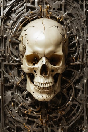 symmetrical and frontal portrait of a skull, front and semi-symmetrical, Focus on a human skull, A portrait of a skull, moebius style illustration, human skull as a trophy hanging on a wall, aesthetic, score_9, score_8_up, score_7_up, lPortrait, Only part of the skull, A biomechanical human skull in the style of H.R. Giger, skull attached to cyberpunk biomechanical machine, skull embedded in a biomechanical machine, suspended and welded to a biomechanical wall, characteristic of H.R. Giger, its shape is a hypnotic fusion of a biomechanical human skull of a human being in the style of H.R. giger, an ominously intricate machine, parts of the crane subtly morph into cold yet complex metallic contours, dark environment with fog, Human skull subtly attached and fused to the biomechanical environment, biomechanical pipes, water vapor and fog surround her, horror atmosphere, slimy slime drips from her body, alien style 1979

legendofnerd style, simple BREAK background, diagonal abstract structure on the background. add text as artist signature "Drauka"

color pencil, sketch, painting, paper texture, art_solyanka, SKP-highly detailed, SamYoung_Illustration