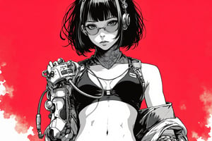 Ink art, Comic style art, Black and white portrait, Grayscale shadows, Outline drawing, Full body portrait, Focus on torso, Full body portrait, Young cyberpunk girl, Short bob hair, Serious look, Half-open eyes, Dark circles, Full lips, Two tone cyberpunk manga style, Grayscale, Girl wears a futuristic bikini, Shoulder pads, Futuristic gauntlet with a console and keyboard on the glove, Cables, Futuristic glasses, Belly button, Red gradient background,