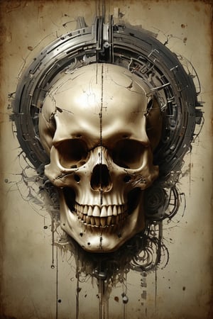 symmetrical and frontal portrait of a skull, front and semi-symmetrical, Focus on a human skull, A portrait of a skull, moebius style illustration, human skull as a trophy hanging on a wall, aesthetic, score_9, score_8_up, score_7_up, lPortrait, Only part of the skull, A biomechanical human skull in the style of H.R. Giger, skull attached to cyberpunk biomechanical machine, skull embedded in a biomechanical machine, suspended and welded to a biomechanical wall, characteristic of H.R. Giger, its shape is a hypnotic fusion of a biomechanical human skull of a human being in the style of H.R. giger, an ominously intricate machine, parts of the crane subtly morph into cold yet complex metallic contours, dark environment with fog, Human skull subtly attached and fused to the biomechanical environment, biomechanical pipes, water vapor and fog surround her, horror atmosphere, slimy slime drips from her body, alien style 1979

legendofnerd style, simple BREAK background, diagonal abstract structure on the background. add text as artist signature "Drauka"

color pencil, sketch, painting, paper texture, art_solyanka, SKP-highly detailed, SamYoung_Illustration