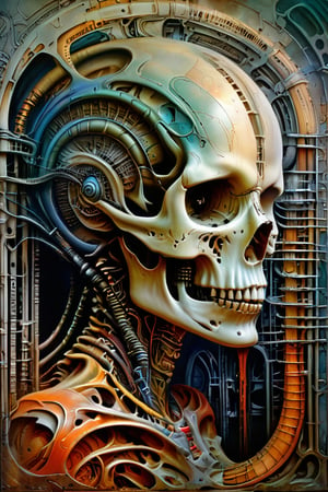 symmetrical and frontal portrait of a skull, front and semi-symmetrical, Focus on a human skull, A portrait of a skull, moebius style illustration, human skull as a trophy hanging on a wall, aesthetic, score_9, score_8_up, score_7_up, lPortrait, Only part of the skull, A biomechanical human skull in the style of H.R. Giger, skull attached to cyberpunk biomechanical machine, skull embedded in a biomechanical machine, suspended and welded to a biomechanical wall, characteristic of H.R. Giger, its shape is a hypnotic fusion of a biomechanical human skull of a human being in the style of H.R. giger, an ominously intricate machine, parts of the crane subtly morph into cold yet complex metallic contours, dark environment with fog, Human skull subtly attached and fused to the biomechanical environment, biomechanical pipes, water vapor and fog surround her, horror atmosphere, slimy slime drips from her body, alien style 1979

legendofnerd style, simple BREAK background, diagonal abstract structure on the background. add text as artist signature "Drauka"

color pencil, sketch, painting, paper texture, art_solyanka, SKP-highly detailed, SamYoung_Illustration