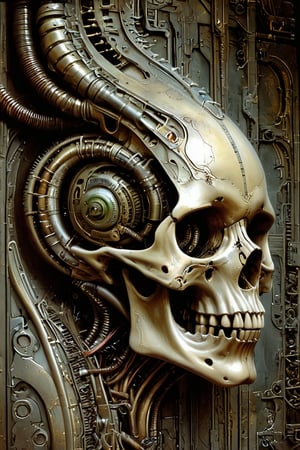 symmetrical and frontal portrait of a skull, front and semi-symmetrical, Focus on a human skull, A portrait of a skull, moebius style illustration, human skull as a trophy hanging on a wall, aesthetic, score_9, score_8_up, score_7_up, lPortrait, Only part of the skull, A biomechanical human skull in the style of H.R. Giger, skull attached to cyberpunk biomechanical machine, skull embedded in a biomechanical machine, suspended and welded to a biomechanical wall, characteristic of H.R. Giger, its shape is a hypnotic fusion of a biomechanical human skull of a human being in the style of H.R. giger, an ominously intricate machine, parts of the crane subtly morph into cold yet complex metallic contours, dark environment with fog, Human skull subtly attached and fused to the biomechanical environment, biomechanical pipes, water vapor and fog surround her, horror atmosphere, slimy slime drips from her body, alien style 1979

legendofnerd style, simple BREAK background, diagonal abstract structure on the background. add text as artist signature "Drauka"

color pencil, sketch, painting, paper texture, art_solyanka, SKP-highly detailed, SamYoung_Illustration