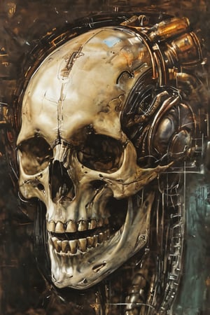 symmetrical and frontal portrait of a skull, front and semi-symmetrical, Focus on a human skull, A portrait of a skull, moebius style illustration, human skull as a trophy hanging on a wall, aesthetic, score_9, score_8_up, score_7_up, lPortrait, Only part of the skull, A biomechanical human skull in the style of H.R. Giger, skull attached to cyberpunk biomechanical machine, skull embedded in a biomechanical machine, suspended and welded to a biomechanical wall, characteristic of H.R. Giger, its shape is a hypnotic fusion of a biomechanical human skull of a human being in the style of H.R. giger, an ominously intricate machine, parts of the crane subtly morph into cold yet complex metallic contours, dark environment with fog, Human skull subtly attached and fused to the biomechanical environment, biomechanical pipes, water vapor and fog surround her, horror atmosphere, slimy slime drips from her body, alien style 1979

legendofnerd style, simple BREAK background, diagonal abstract structure on the background. add text as artist signature "Drauka"

color pencil, sketch, painting, paper texture, art_solyanka, SKP-highly detailed, SamYoung_Illustration