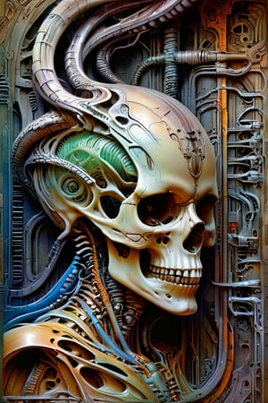 symmetrical and frontal portrait of a skull, front and semi-symmetrical, Focus on a human skull, A portrait of a skull, moebius style illustration, human skull as a trophy hanging on a wall, aesthetic, score_9, score_8_up, score_7_up, lPortrait, Only part of the skull, A biomechanical human skull in the style of H.R. Giger, skull attached to cyberpunk biomechanical machine, skull embedded in a biomechanical machine, suspended and welded to a biomechanical wall, characteristic of H.R. Giger, its shape is a hypnotic fusion of a biomechanical human skull of a human being in the style of H.R. giger, an ominously intricate machine, parts of the crane subtly morph into cold yet complex metallic contours, dark environment with fog, Human skull subtly attached and fused to the biomechanical environment, biomechanical pipes, water vapor and fog surround her, horror atmosphere, slimy slime drips from her body, alien style 1979

legendofnerd style, simple BREAK background, diagonal abstract structure on the background. add text as artist signature "Drauka"

color pencil, sketch, painting, paper texture, art_solyanka, SKP-highly detailed, SamYoung_Illustration