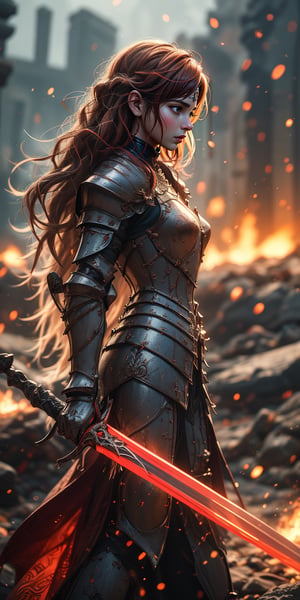Beautiful warrior queen with ancient tribal tatoos etched onto her chocolate brown skin. Fiery red hair whips around her as she raises a plasma sword in defiance. The embers of a nearby explosion illuminate her dragon armor, highlighting the fallen enemies scattered around her, testaments to her strength.
,xuer plate armor
