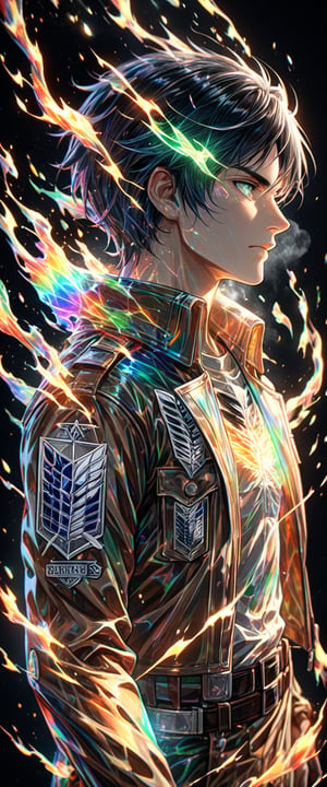 high quality, 8K Ultra HD, Imagine a vibrant canvas illuminated, dynamic lines and patterns similar to yellow lightning, solo, black hair, 1boy, green eyes, jacket, male focus, profile, glowing, fire, black background, breath, emblem, paradis military uniform, RGB vfx, full vxf, survey corps \(emblem\), eren yeager