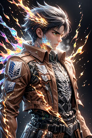 high quality, 8K Ultra HD, Imagine a vibrant canvas illuminated, dynamic lines and patterns similar to yellow lightning, solo, black hair, 1boy, green eyes, jacket, male focus, profile, glowing, fire, black background, breath, emblem, paradis military uniform, RGB vfx, full vxf, survey corps \(emblem\), eren yeager,photorealistic,realistic