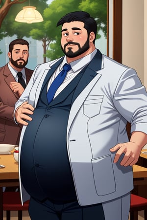 big_fat_belly, fancy_suit, suit, hyper_fat, big_belly, tree_piece_suit, tuxedo, debonair, massive_belly, gigantic _belly, white_jacket, light_blue_cravat_tie, white_shirt, burgundy blue vest, black_hair, beard, big_belly_padding, royal, pregnant_belly, big_bloated_belly, king size belly, king size gut, Italian male, big boss, dinning room 