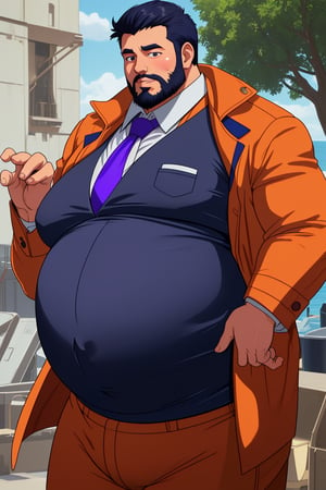 big_fat_belly, fancy_suit, suit, hyper_fat, big_belly, tree_piece_suit, debonair, massive_belly, gigantic _belly, tangerine_jacket, purple_neck_tie, navy_blue_shirt, white_vest, black_hair, beard, big_belly_padding, royal, pregnant_belly, big_bloated_belly, king size belly, Italian male