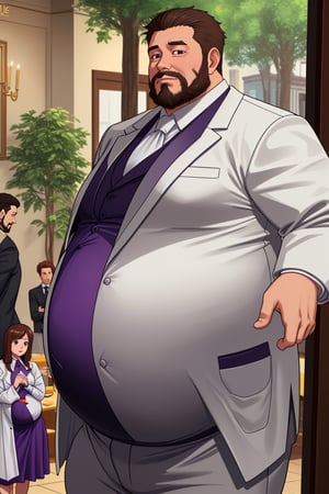 big_fat_belly, fancy tuxedo, hyper_fat, big_belly, tree_piece_suit, tuxedo, debonair, massive_belly, gigantic_belly, white_jacket, purple_cravat_tie, white_shirt, light grey vest, brown_hair, beard, big_belly_padding, royal, pregnant_belly, big_bloated_belly, king size belly, Italian male, big boss, dinning room