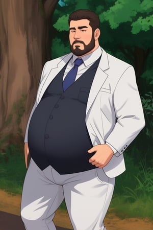 big_fat_belly, fancy_suit, suit, hyper_fat, big_belly, tree_piece_suit, massive_belly, gigantic _belly, white_jacket, purple_neck_tie, white_shirt, blue vest, black Pants, big_belly_padding, royal, big_bloated_belly, large belly, long beard, black hair, Germany male